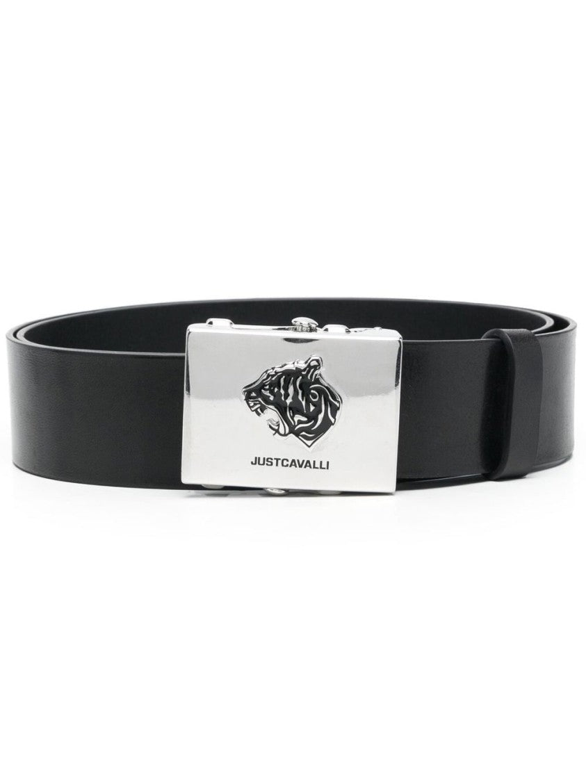 Just Cavalli Calfskin Leather Belt With Distinctive Silver Emblem