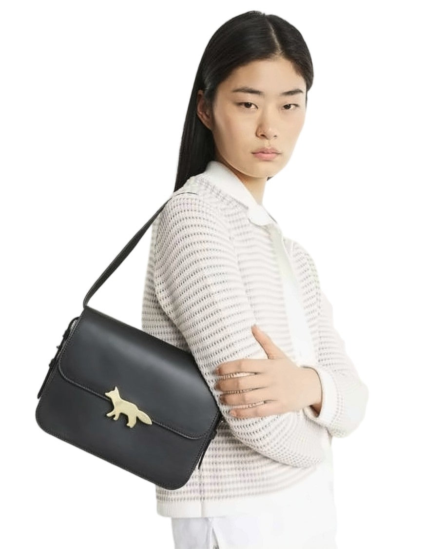 Maison Kitsuné Structured Black Cowhide Leather Shoulder Bag With Distinctive Emblem