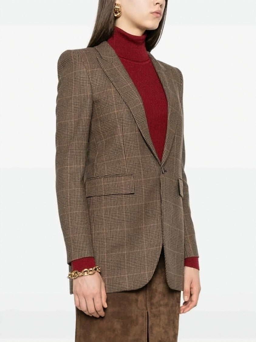 Saint Laurent Brown Check Wool-Cashmere Blazer With Notched Lapels