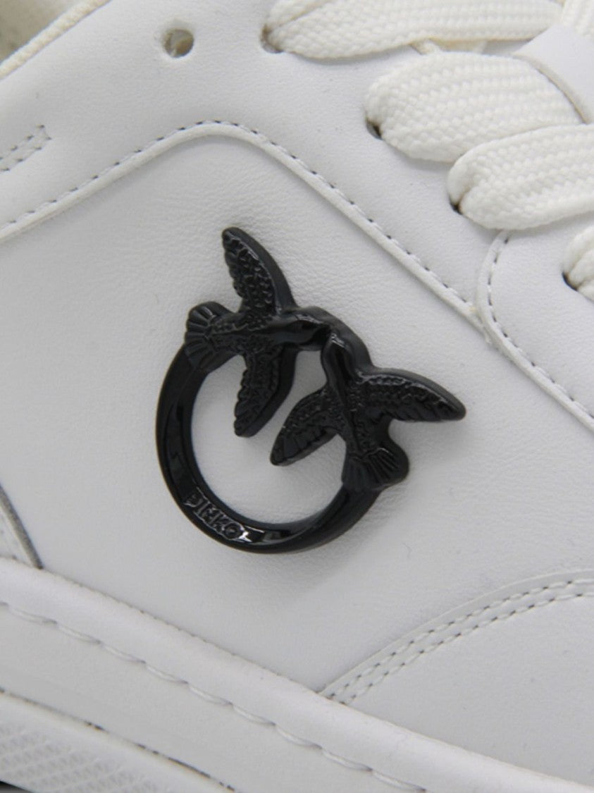 Pinko White Leather Sneakers With Black Emblem