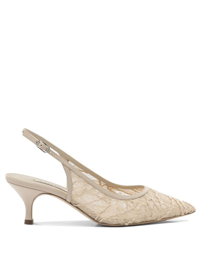 Casadei Pointed Toe Lace Overlay Slingback Heeled Shoes