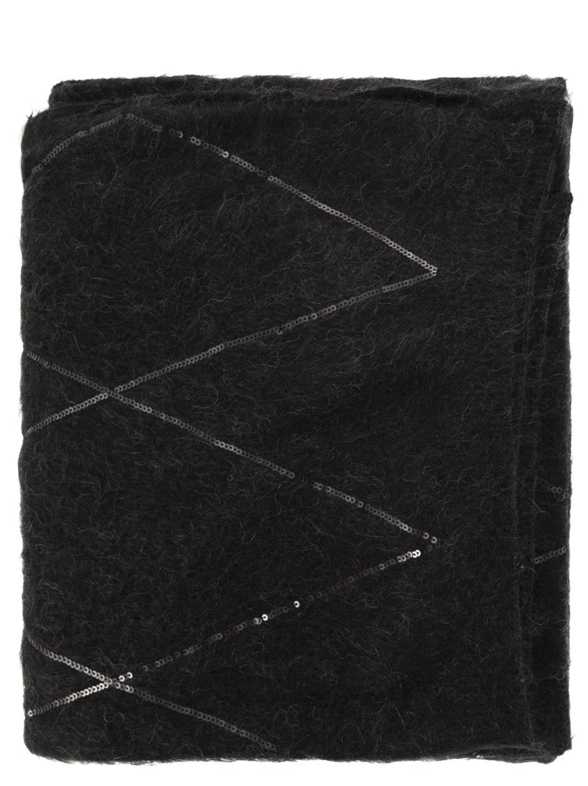 Brunello Cucinelli Rectangular Black Scarf With Micro-Sequins