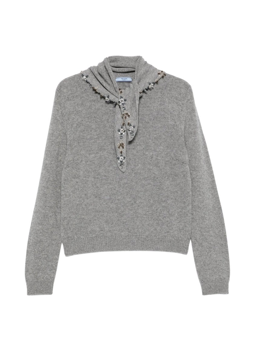 Prada Knit Sweater With Detachable Floral Beaded Collar