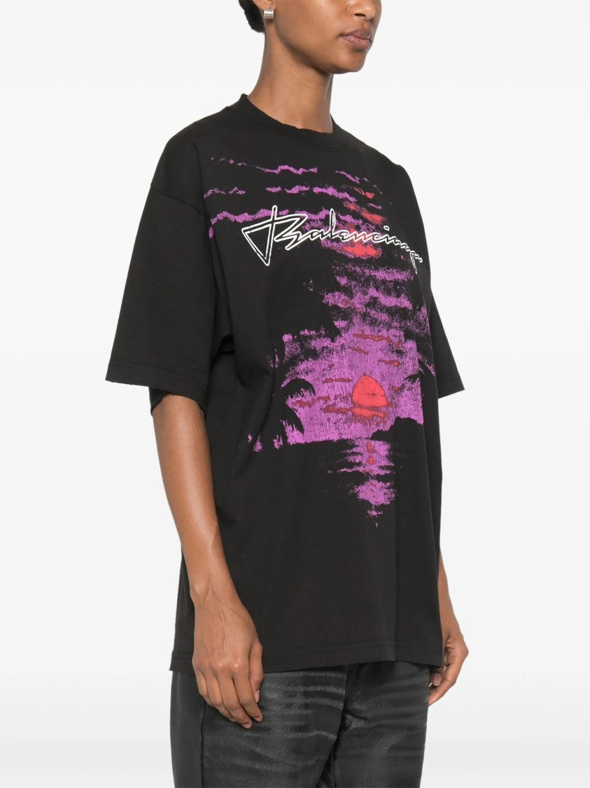 Balenciaga Medium Fit Black T-Shirt With Sunset Graphic Print