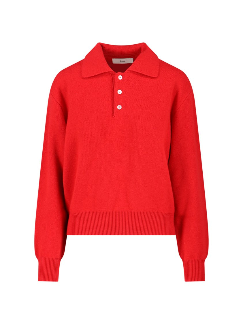 Dunst Red Knit Sweater With Classic Collar And Ribbed Finishes