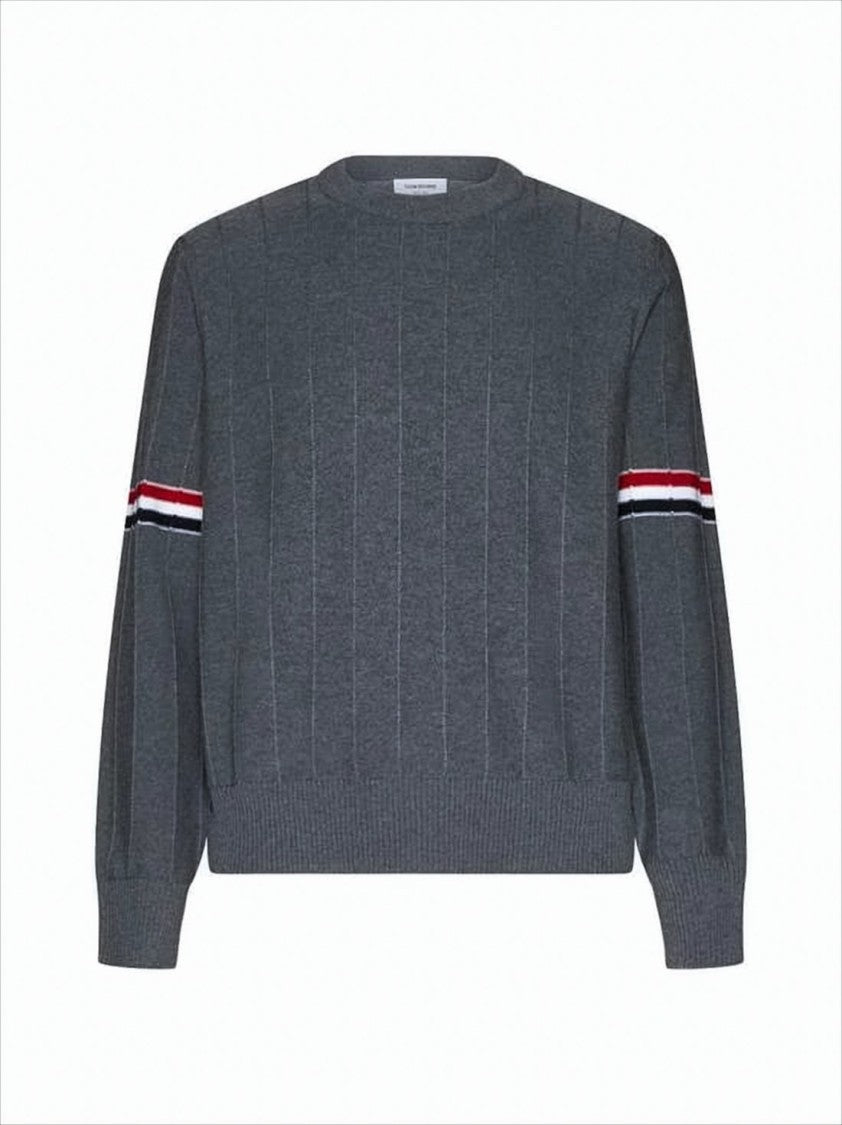Thom Browne Boxy Grey Wool Sweater With Distinctive Horizontal Stripes