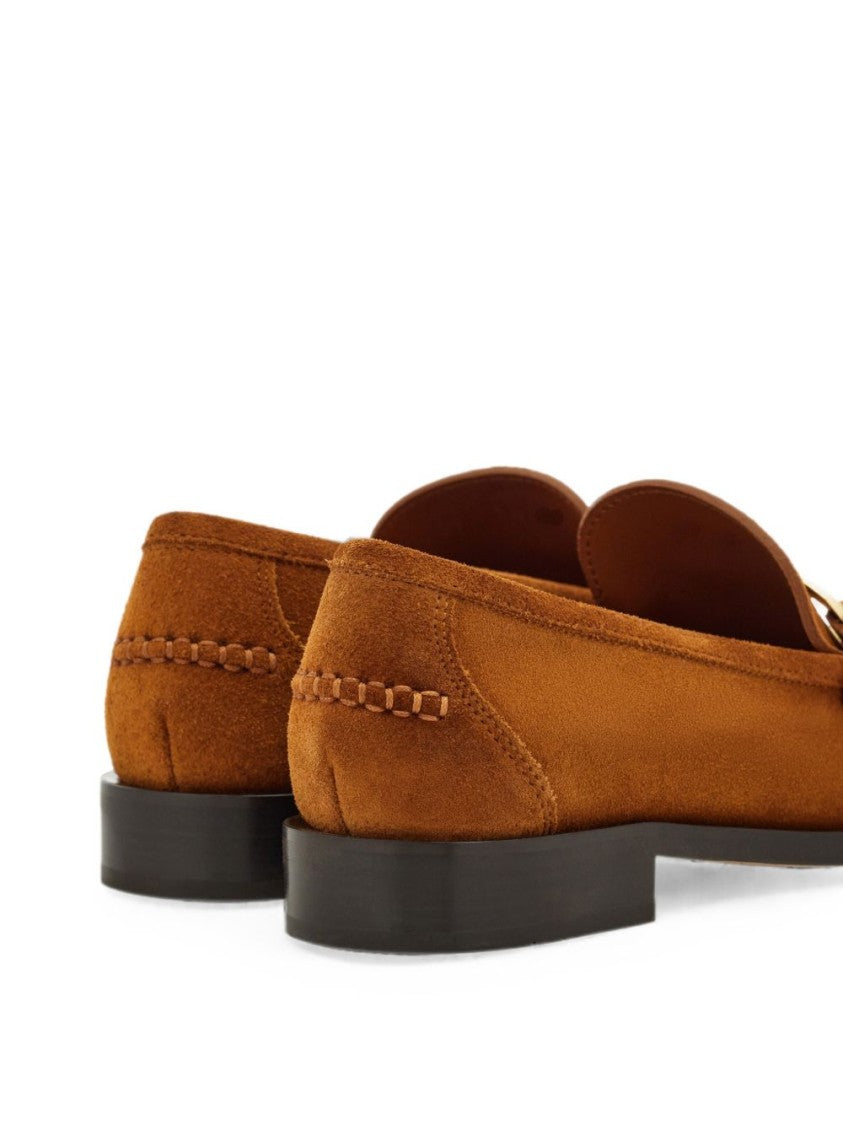 Ferragamo Moccasin-Style Gold-Accent Suede Flats