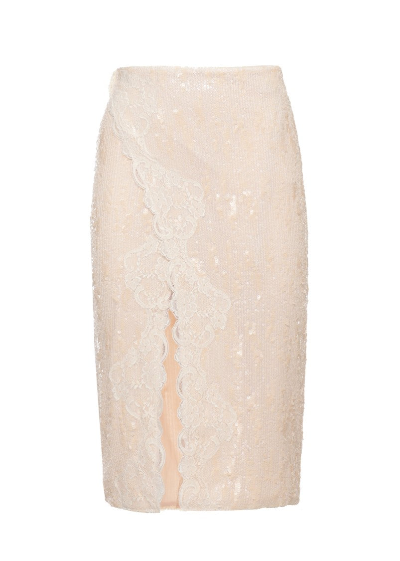 Miss Bikini Knee-Length Midi Skirt With All-Over Sequins And Lace Accents