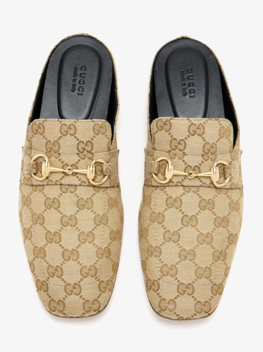 Gucci Slip-On Beige Canvas Mules With Monogram Pattern And Gold-Tone Horsebit