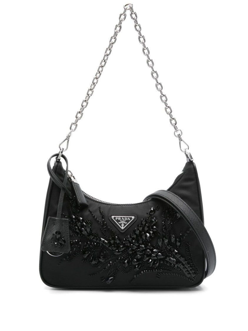 Prada Black Beaded Floral Embellished Bag With Dual Strap Design
