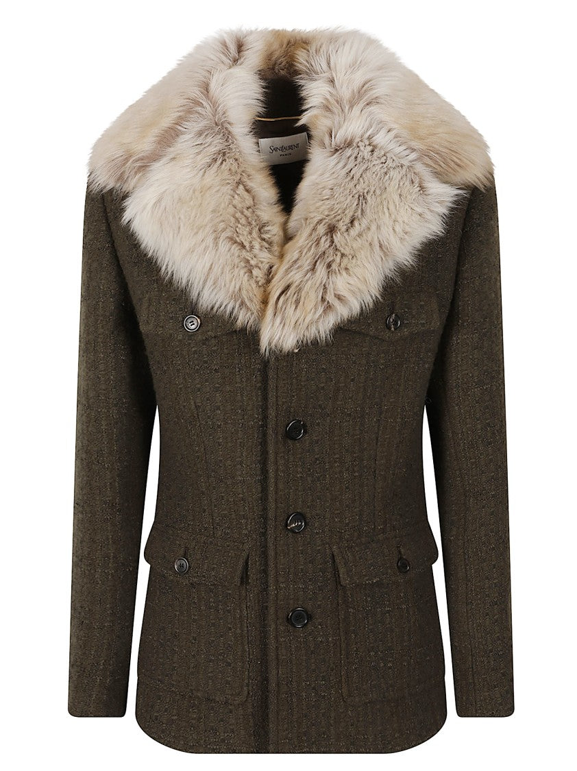 Saint Laurent Short Structured Coat With Plush Fur Collar