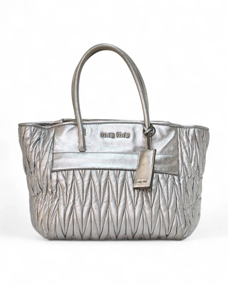 Miu Miu Medium Square Shopper In Silver Embossed Leather
