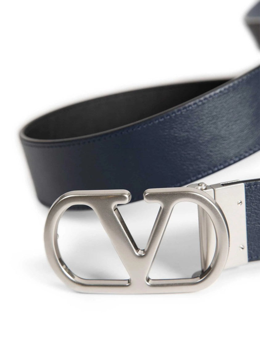 Valentino Black/Navy Reversible Silver-Tone Logo Buckle Belt