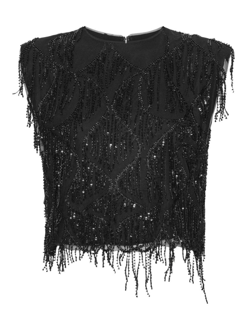 Rotate Boxy Black Top With Bead And Sequin Embellishments