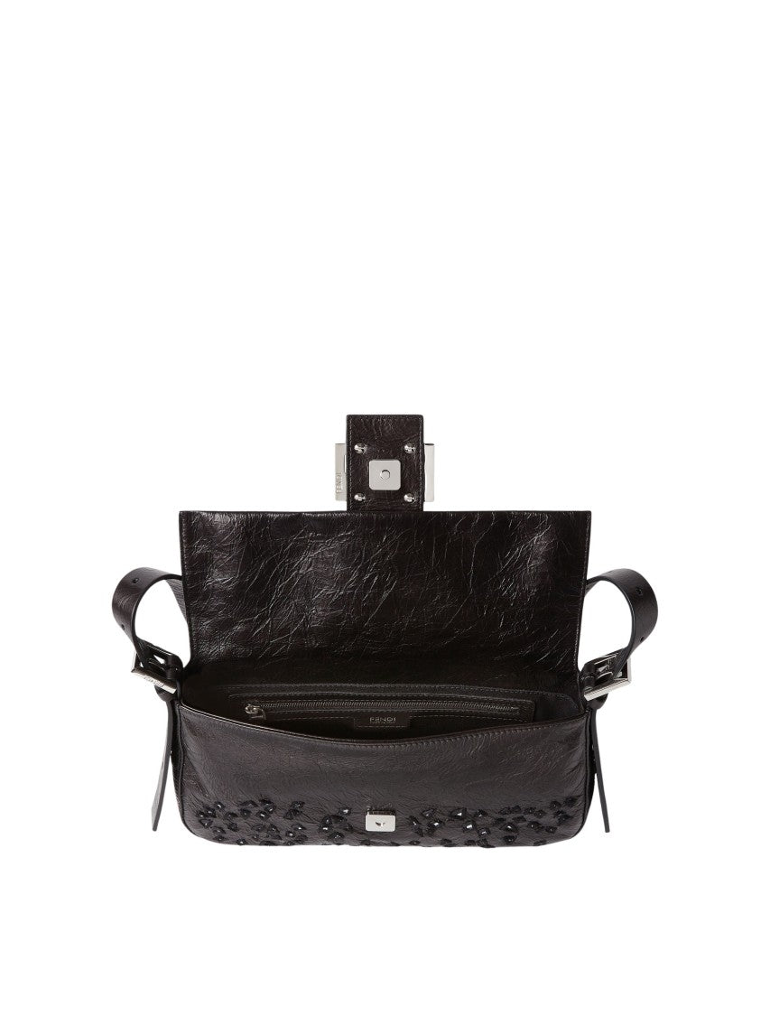 Fendi Black Geometrically Cut Mirror Calfskin Baguette Shoulder Bag