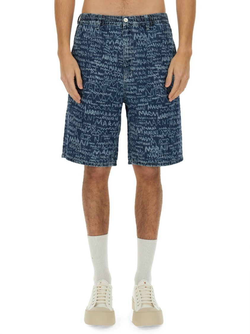 Marni Denim Shorts With Abstract Pattern