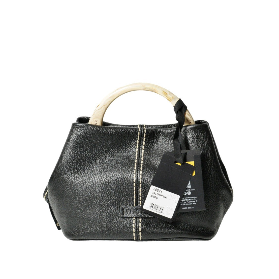 Plinio Visona' Black Leather Handbag With Bamboo Handle