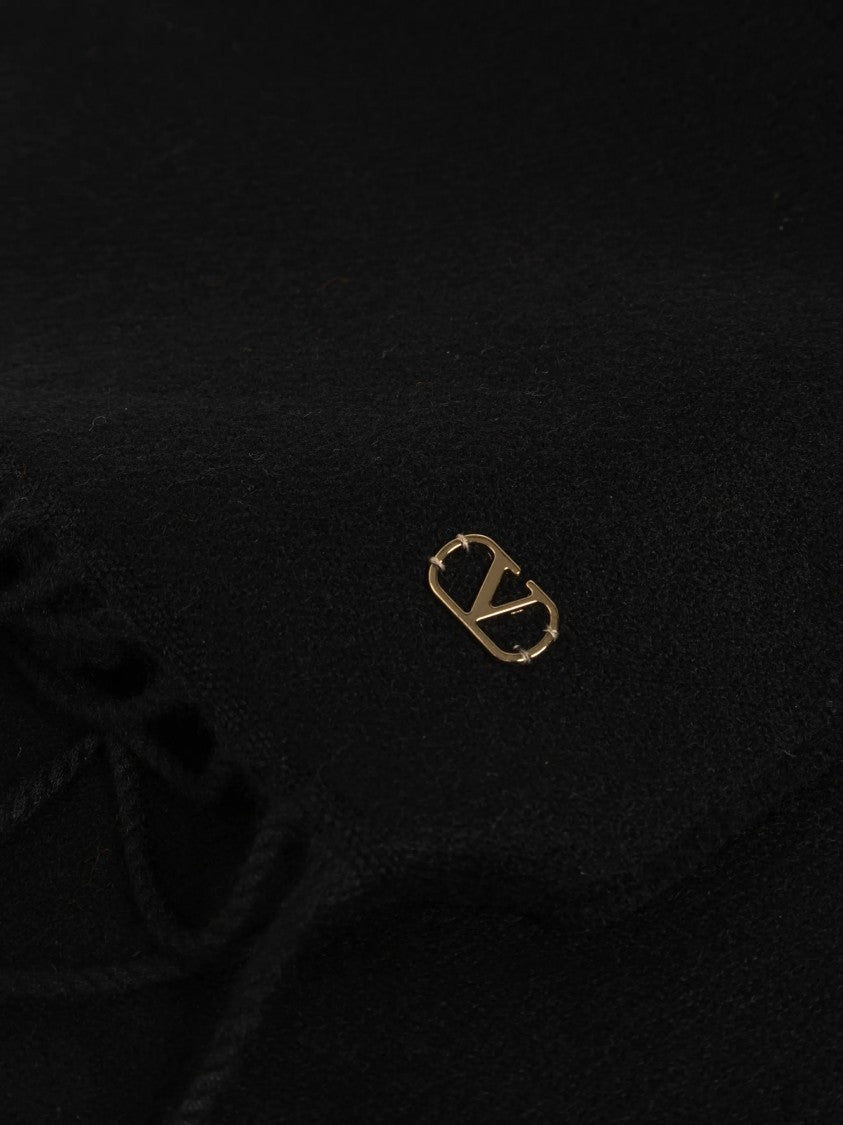 Valentino Fringed Black Cashmere Scarf With Gold-Tone Detail