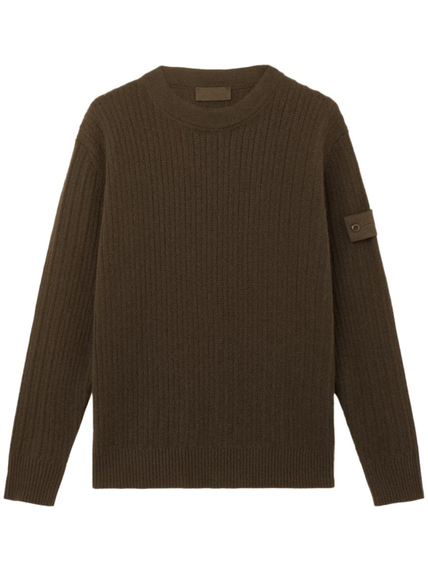 Stone Island Cashmere Virgin Wool Patch Detail Ribbed Crew Neck Sweater