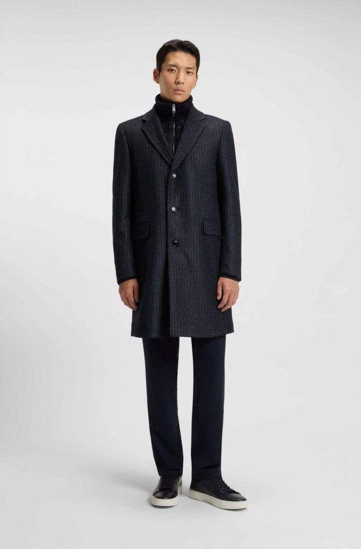 Boss Textured Dark Blue Wool Blend Coat
