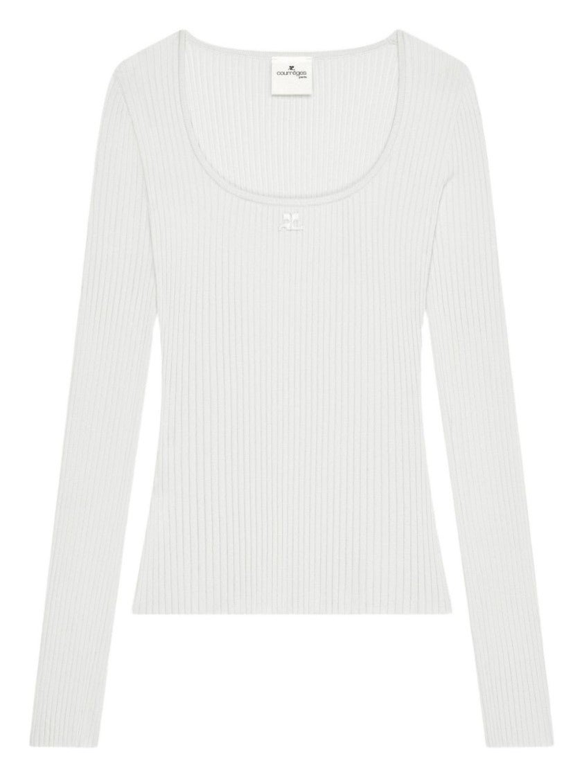 Courrèges Ribbed Knit Long-Sleeve Top With Square Neckline And Logo Detail