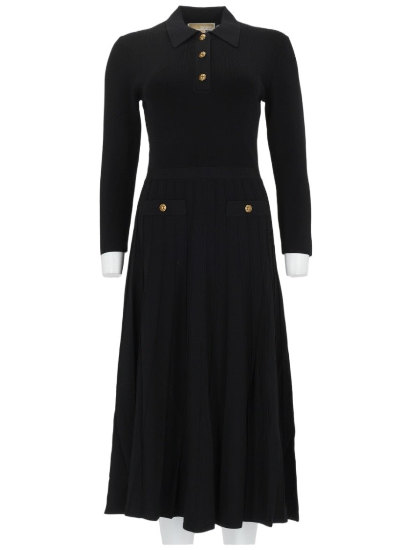 Michael Michael Kors Polo-Style Fitted Midi Dress With Pleated Skirt And Decorative Buttons