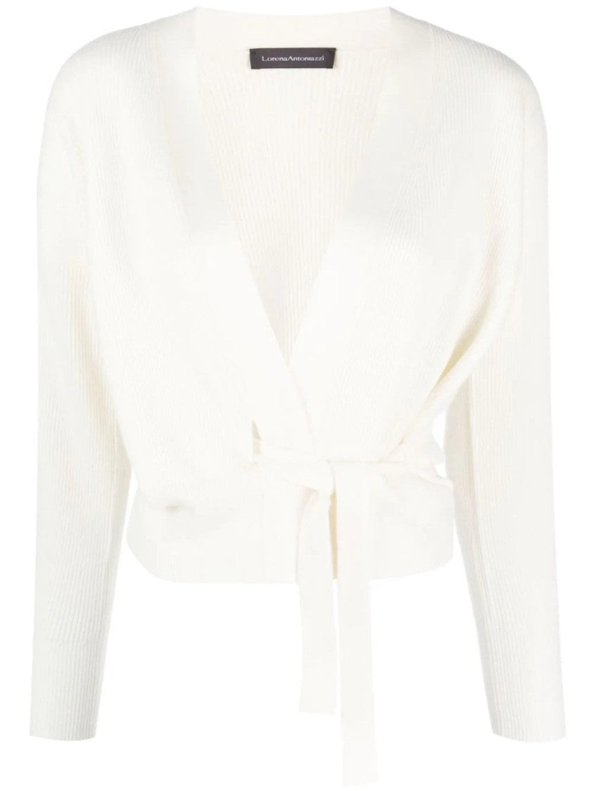 Lorena Antoniazzi White Cropped Deep V-Neck Belted Cashmere Cardigan