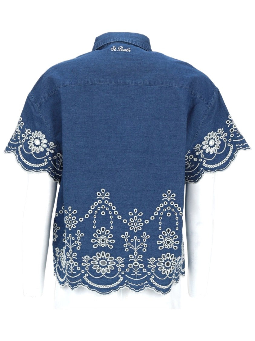 Mc2 Saint Barth Clementine Floral Embroidered Chambray Shirt