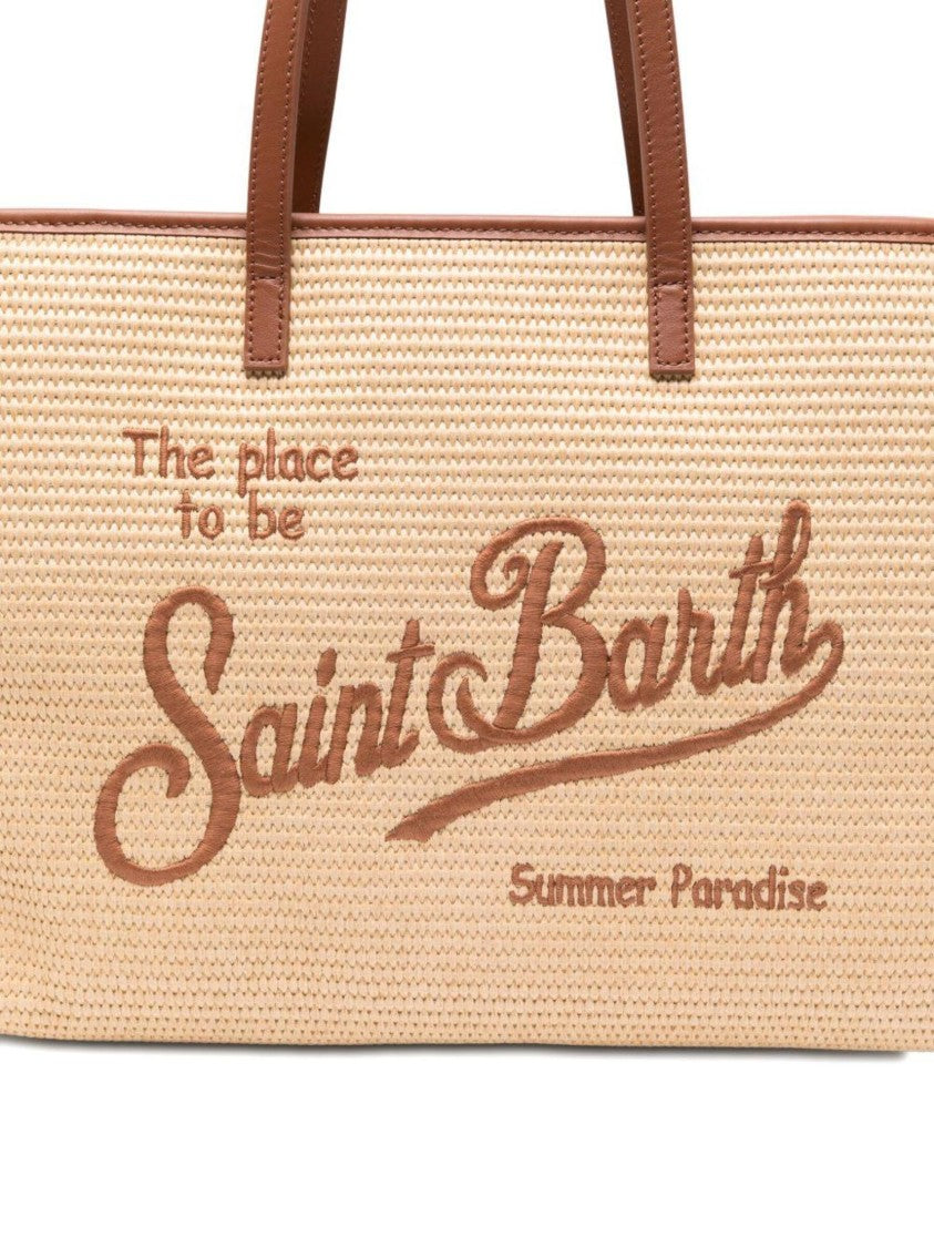 Mc2 Saint Barth Rectangular Woven Tote Bag With Embroidered Text