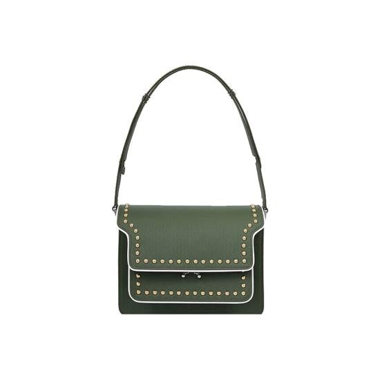 Marni Structured Green Leather Shoulder Bag With Flap Closure And Metallic Accents