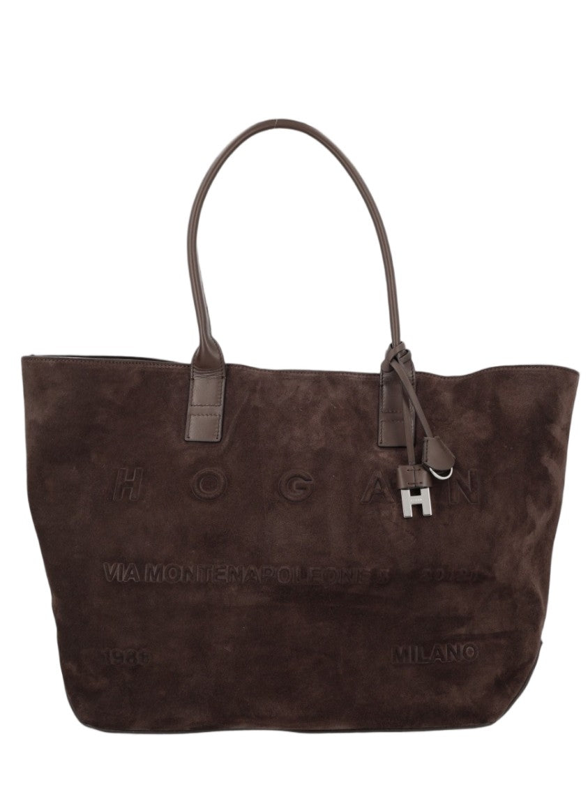 Hogan Large Calfskin Suede Tote Handbag With Embossed Branding