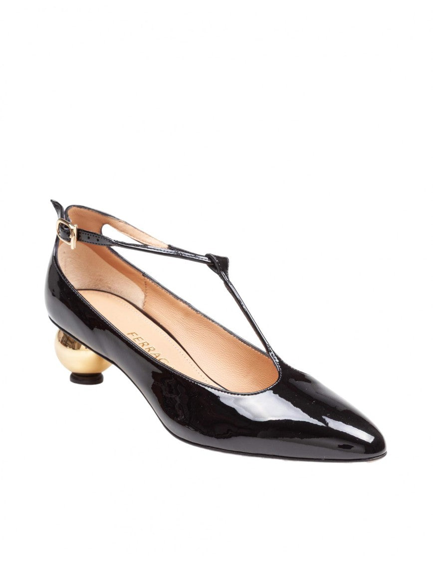 Salvatore Ferragamo Black Patent Leather T-Strap Pump