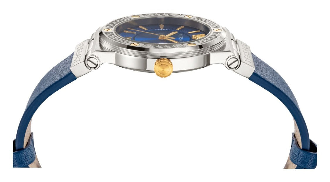 Versace Greca Logo 38Mm Stainless Steel Watch With Blue Dial And Leather Strap