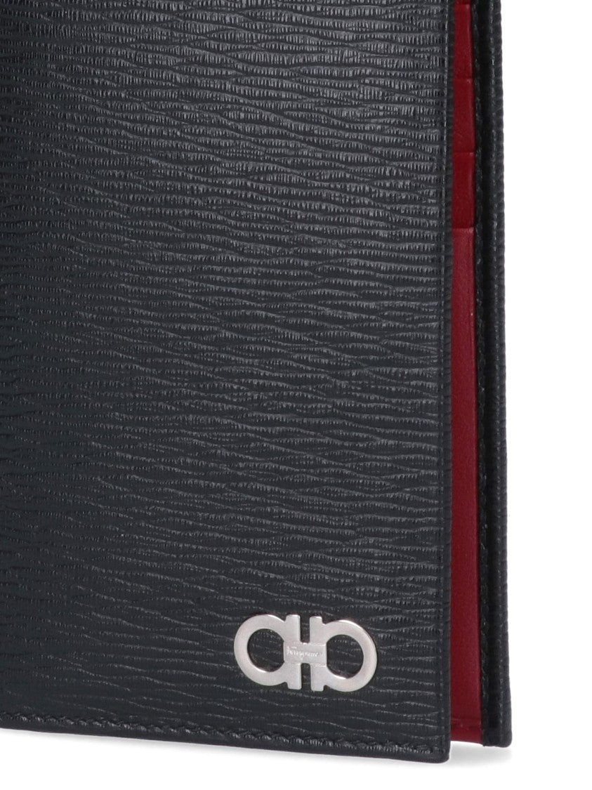 Ferragamo Black Organizer Gancini Pebbled Leather Wallet