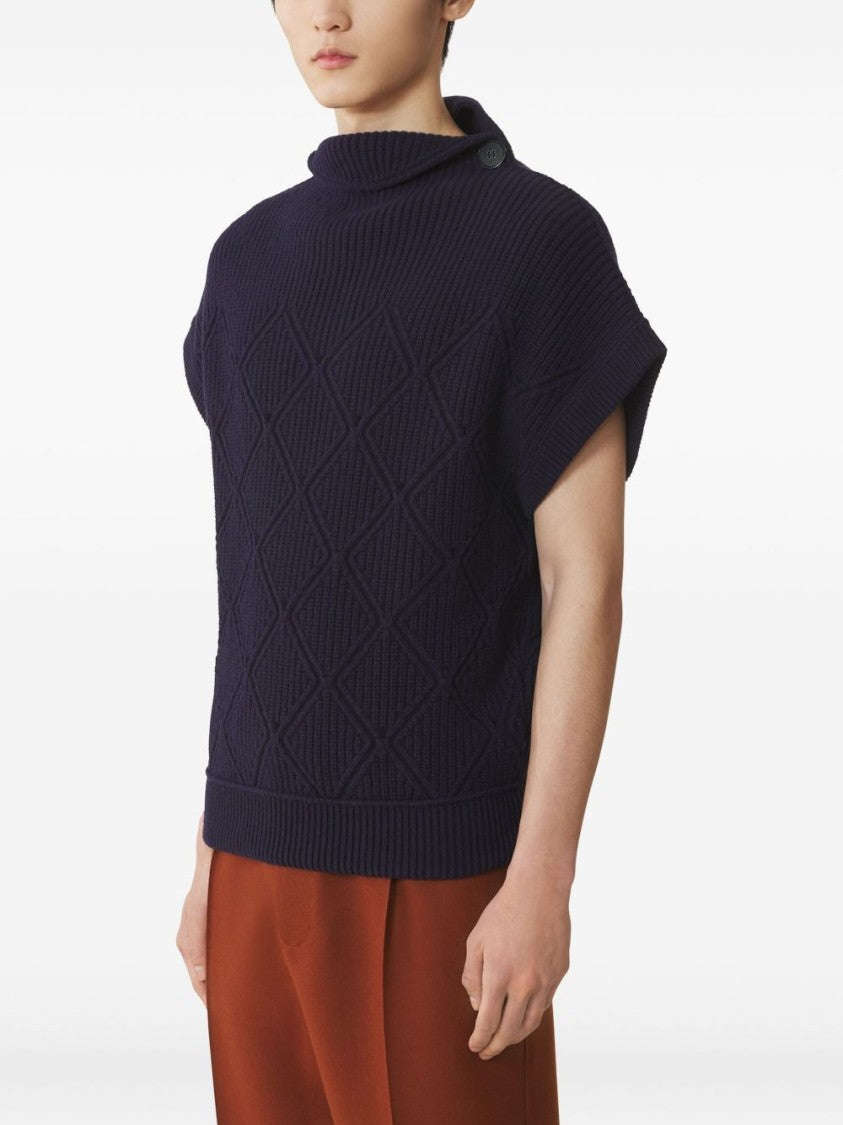Lanvin Dark Blue Diamond Pattern Ribbed Sweater