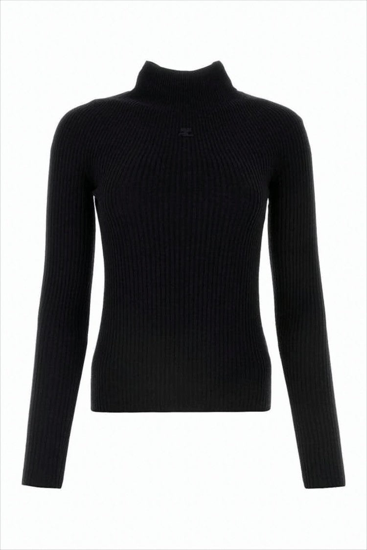 Courrèges Fitted Ribbed Knit Long-Sleeve Top With High Neckline