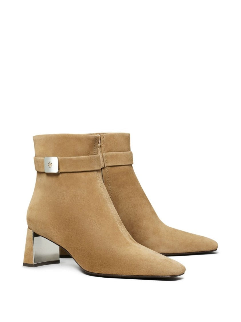 Tory Burch Pointed Toe Suede Ankle Boots With Metallic Accents