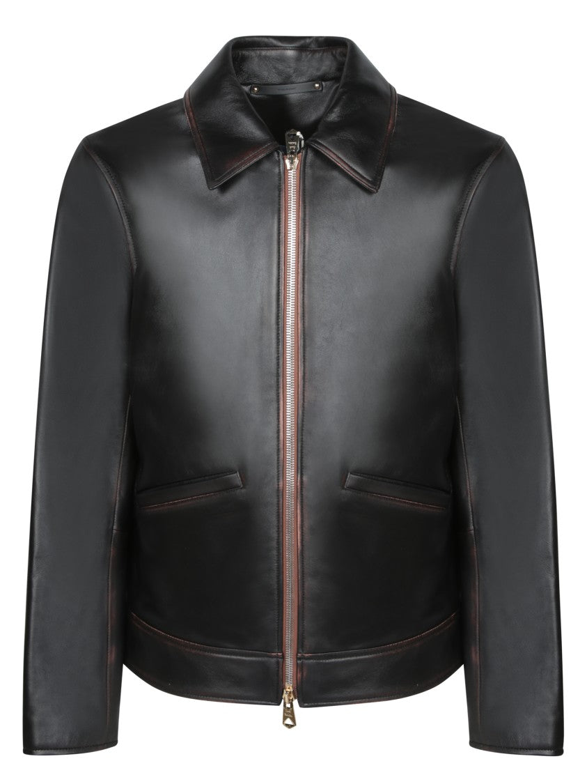 Paul Smith Distressed Brown Leather Jacket With Central Zipper And Side Pockets