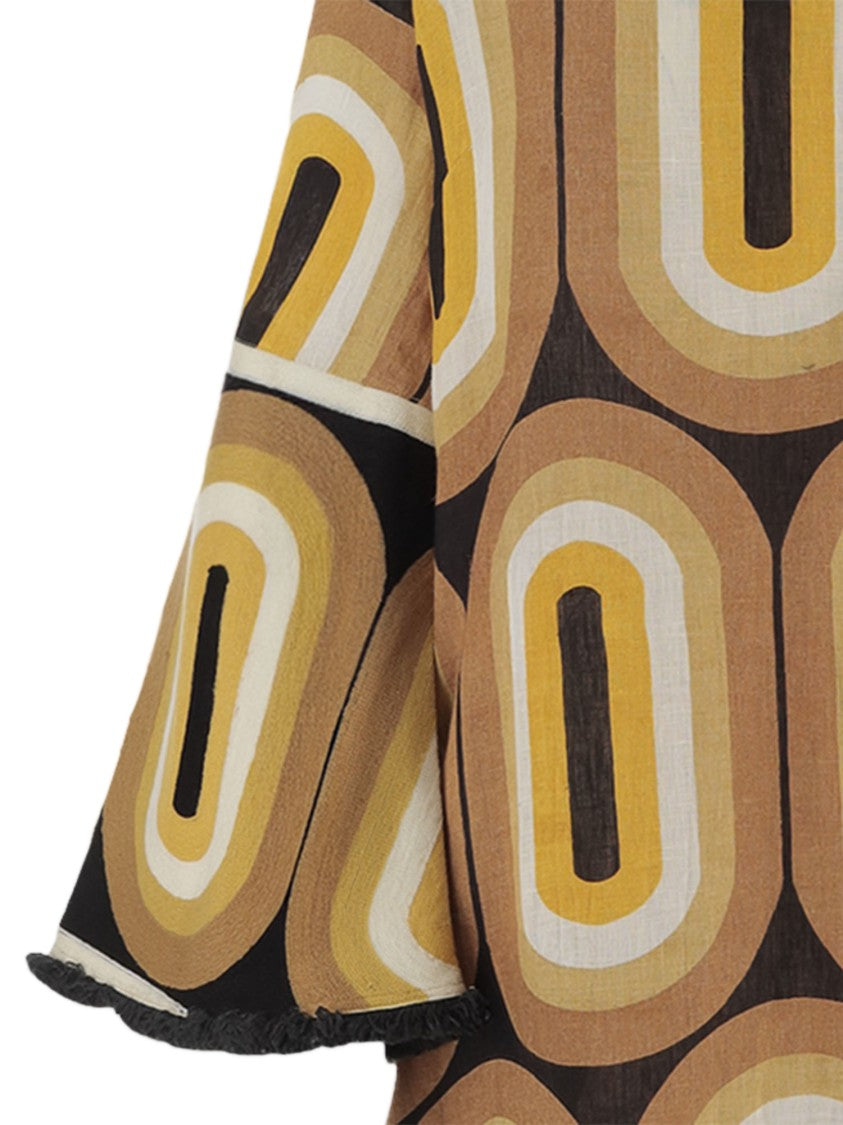 Philippa 1970 Linen Midi Dress With Geometric Print And Flared Sleeves