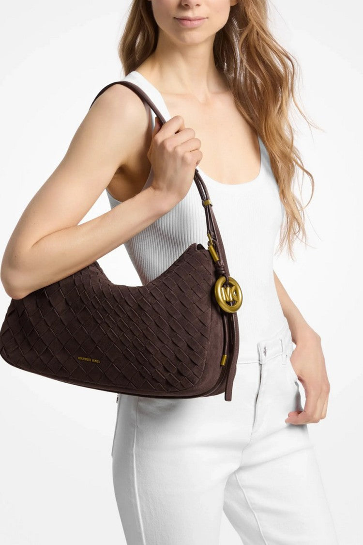 Michael Kors Dark Brown Woven-Effect Leather Shoulder Bag