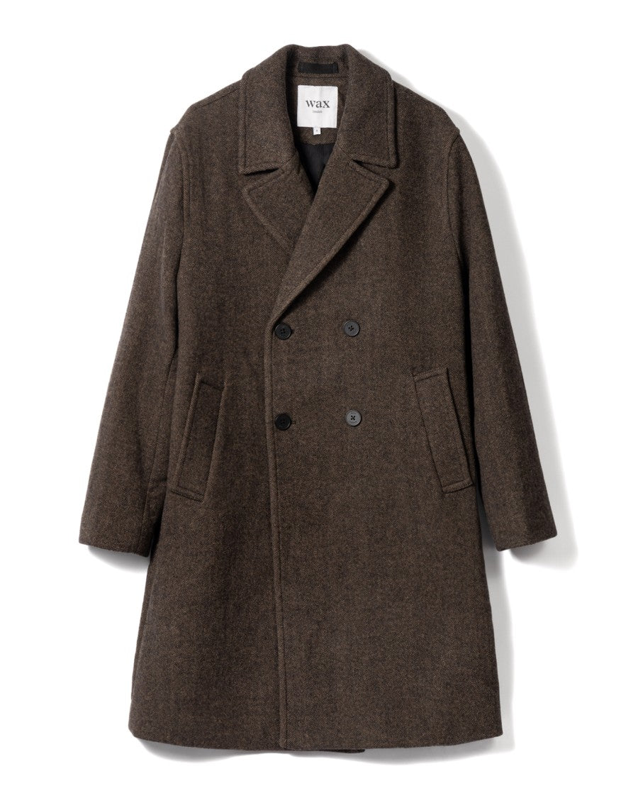 Wax London Herringbone Double-Breasted Overcoat With Structured Collar