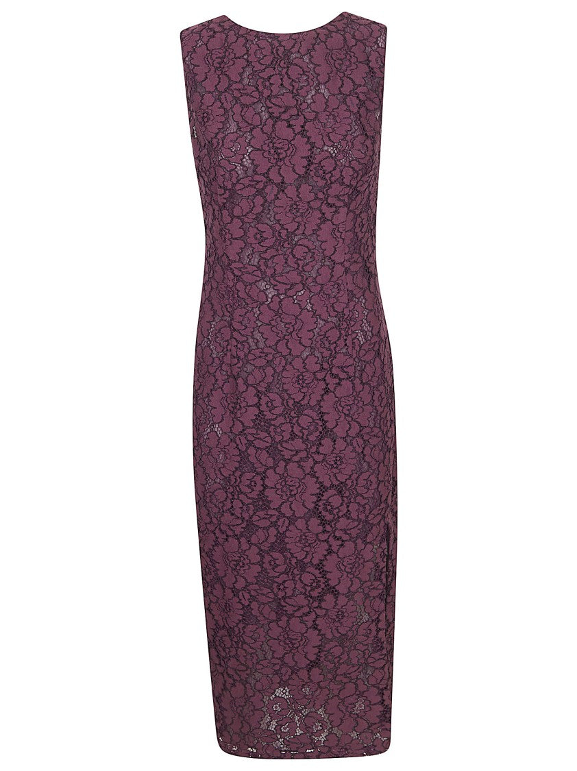 Pinko Burgundy Midi Dress With Intricate Rebrodé Lace