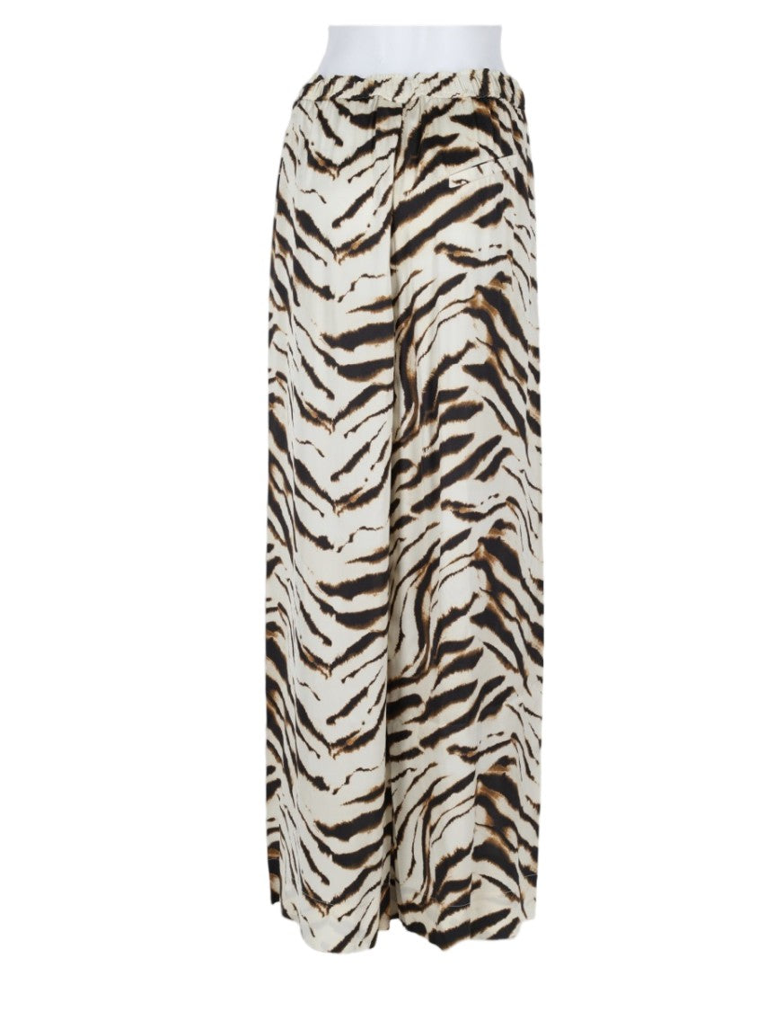Ganni Wide-Leg Beige Trousers With Animal Print And Adjustable Waistband