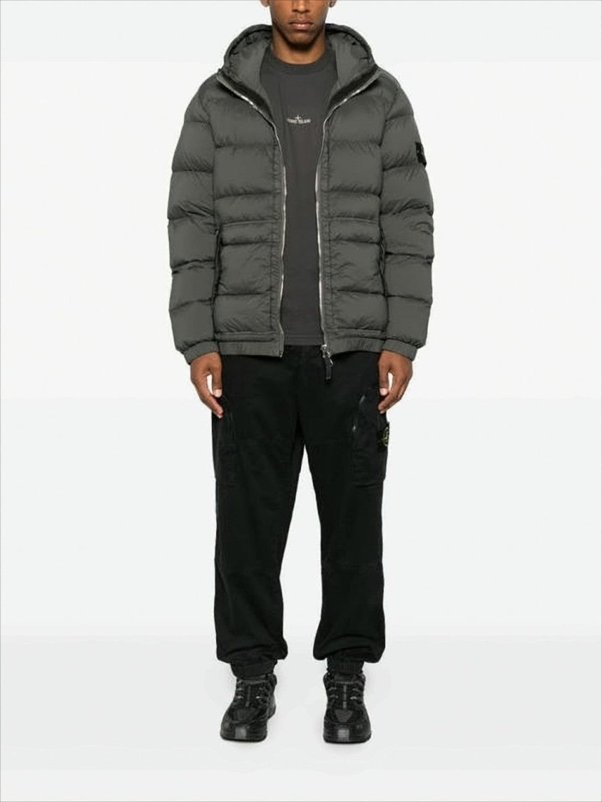 Stone Island Quilted Hooded Down Jacket With Distinctive Patch Logo