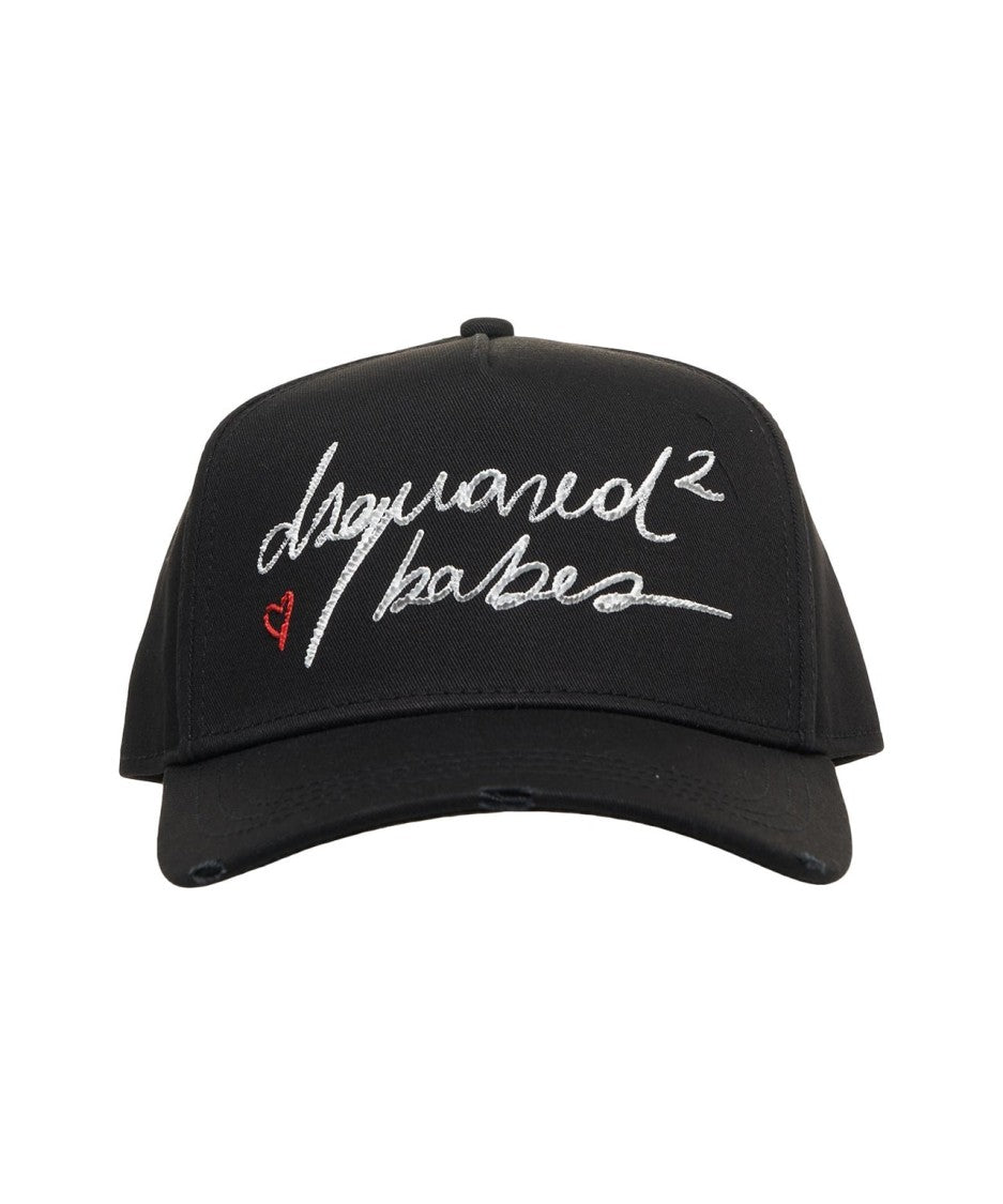 Dsquared2 Distressed Black Baseball Cap With Embroidered Logos