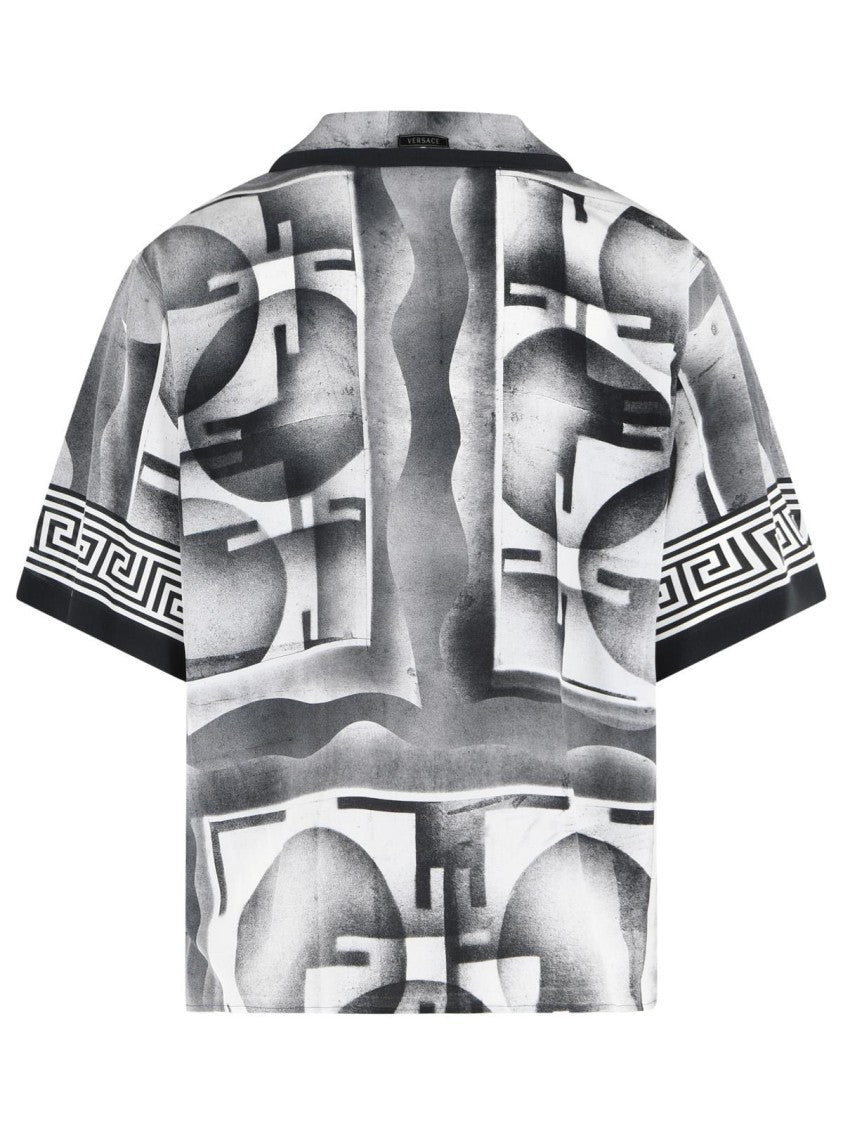 Versace Open Collar Black Silk Shirt With Geometric Print