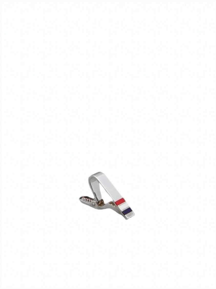 Thom Browne Polished Silver Tie Clip With Tri-Color Stripes And Minimalist Design