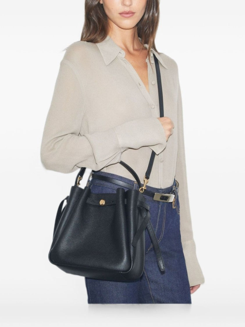 Tory Burch Black Pebbled Leather Handbag With Signature Gold Hardware