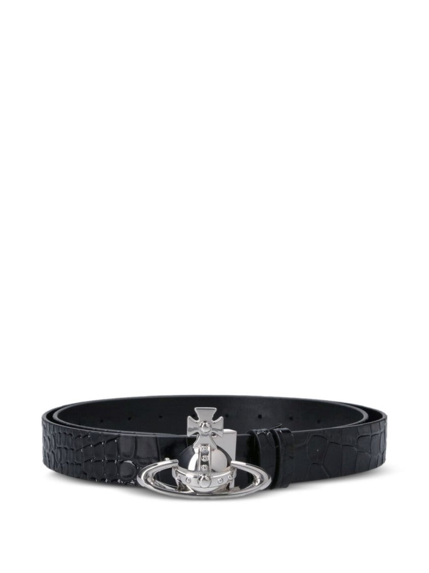 Vivienne Westwood Black Textured Orb Buckle Leather Belt