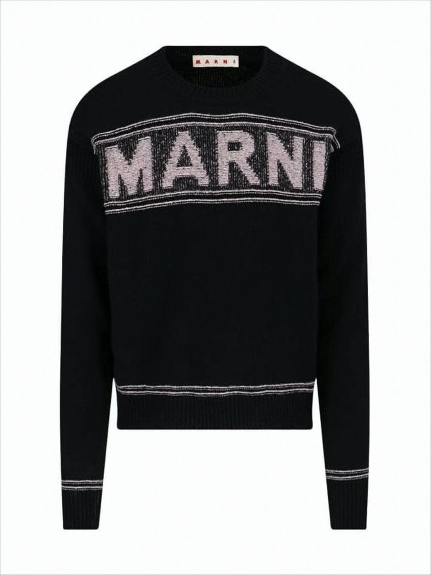 Marni Textured Logo Black Wool Sweater With Cropped Fit